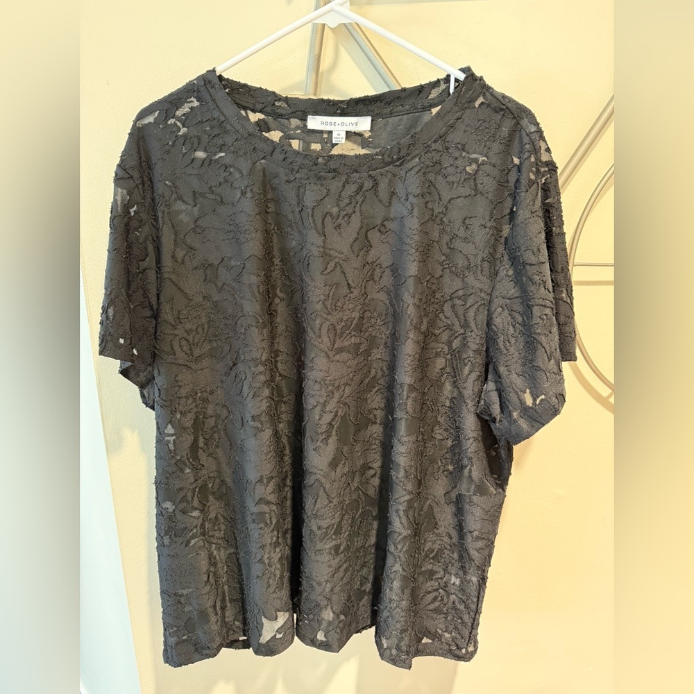 Rose & Olive Black Short Sleeve Lace-Texture Top Size 1X